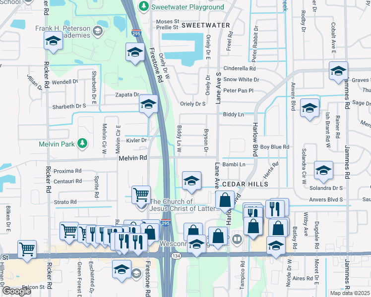 map of restaurants, bars, coffee shops, grocery stores, and more near 4540 Biddy Lane West in Jacksonville