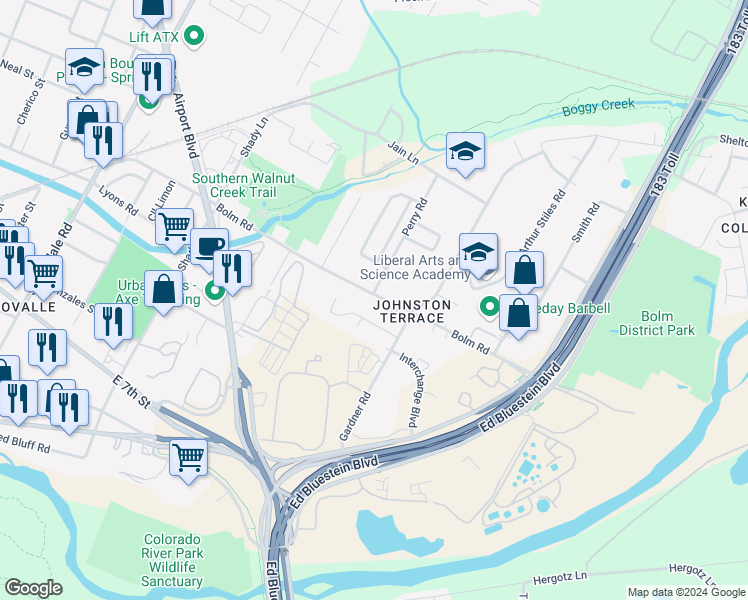 map of restaurants, bars, coffee shops, grocery stores, and more near 5912 Bolm Road in Austin