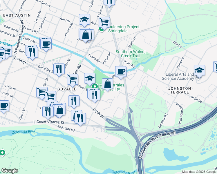 map of restaurants, bars, coffee shops, grocery stores, and more near 903 Shady Lane in Austin