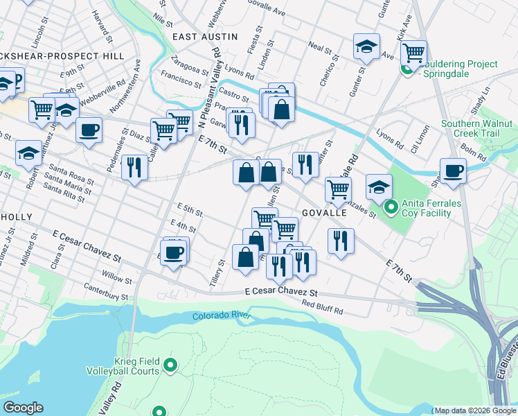 map of restaurants, bars, coffee shops, grocery stores, and more near 606 Allen Street in Austin