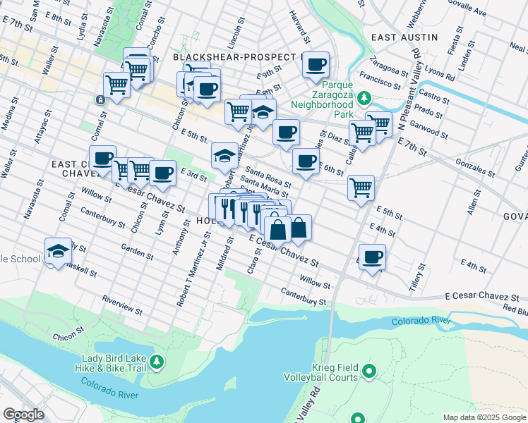 map of restaurants, bars, coffee shops, grocery stores, and more near 2328 Corta Street in Austin