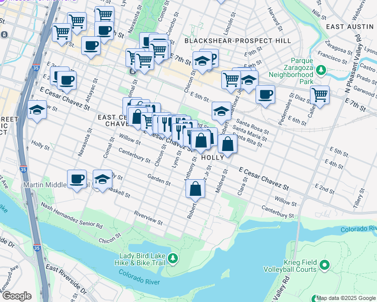 map of restaurants, bars, coffee shops, grocery stores, and more near 1917 East Cesar Chavez Street in Austin