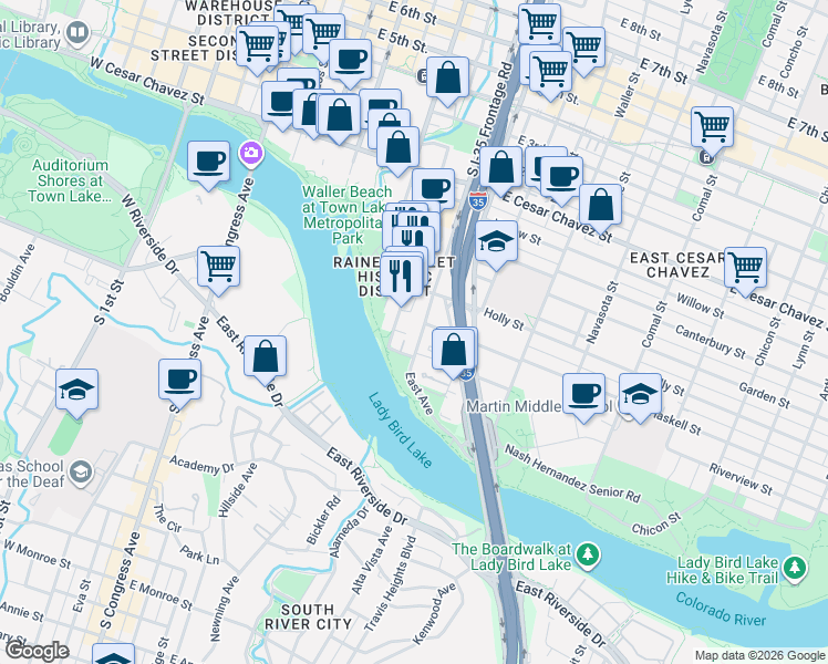 map of restaurants, bars, coffee shops, grocery stores, and more near 51 East Avenue in Austin