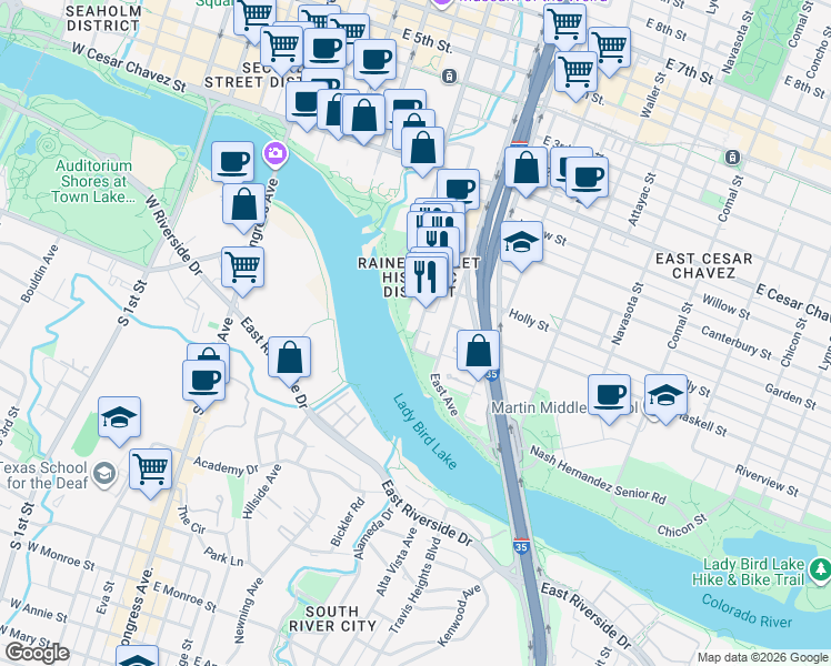 map of restaurants, bars, coffee shops, grocery stores, and more near 54 Rainey Street in Austin