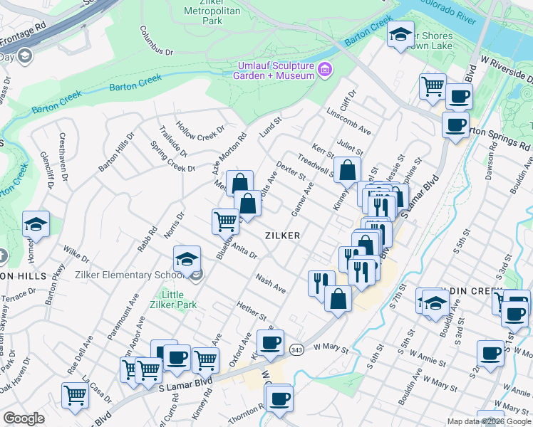 map of restaurants, bars, coffee shops, grocery stores, and more near in Austin