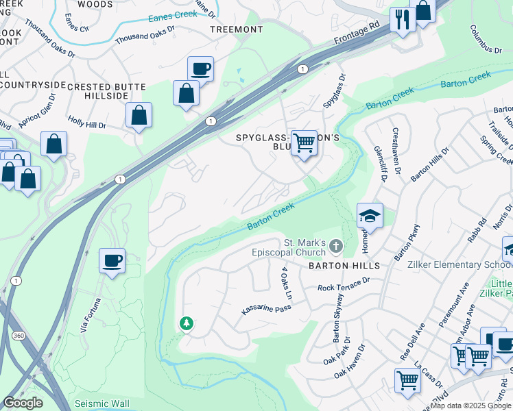 map of restaurants, bars, coffee shops, grocery stores, and more near 1707 Spyglass Drive in Austin