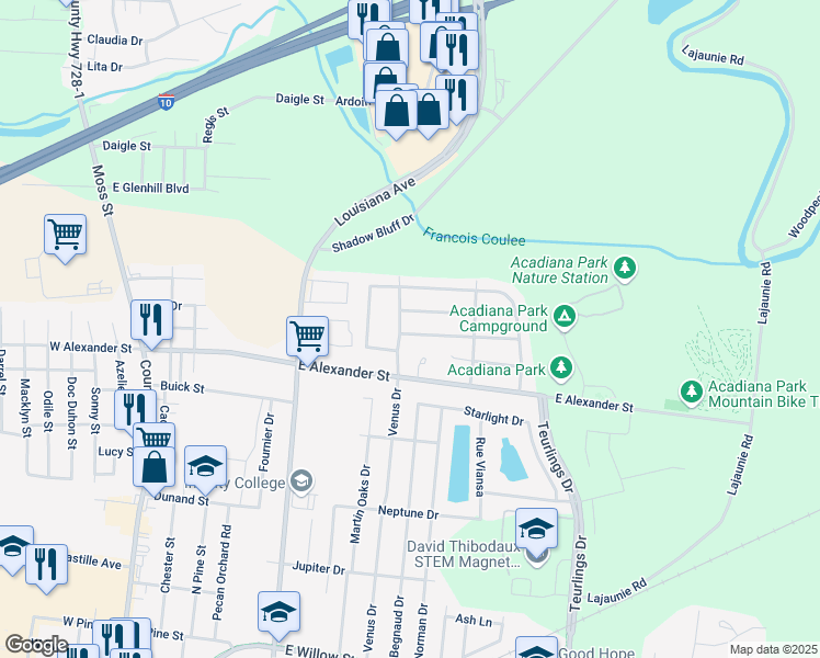 map of restaurants, bars, coffee shops, grocery stores, and more near 103 Northwood Drive in Lafayette