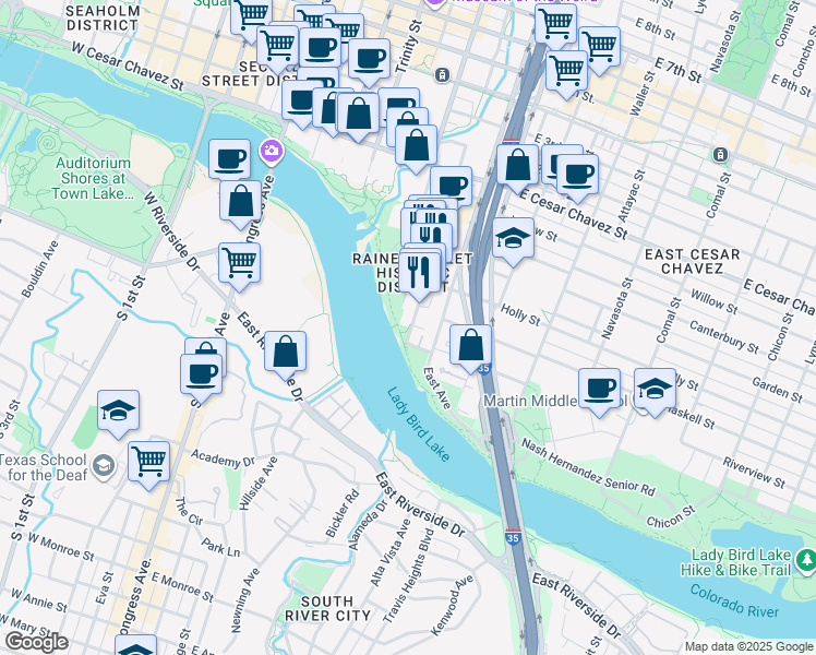 map of restaurants, bars, coffee shops, grocery stores, and more near 54 Rainey Street in Austin