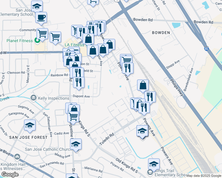 map of restaurants, bars, coffee shops, grocery stores, and more near 6701 Chester Avenue in Jacksonville