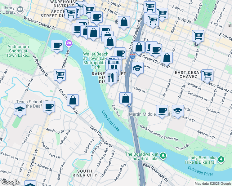 map of restaurants, bars, coffee shops, grocery stores, and more near 51 East Avenue in Austin