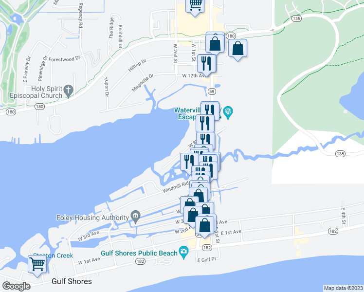 map of restaurants, bars, coffee shops, grocery stores, and more near 160 West 8th Avenue in Gulf Shores