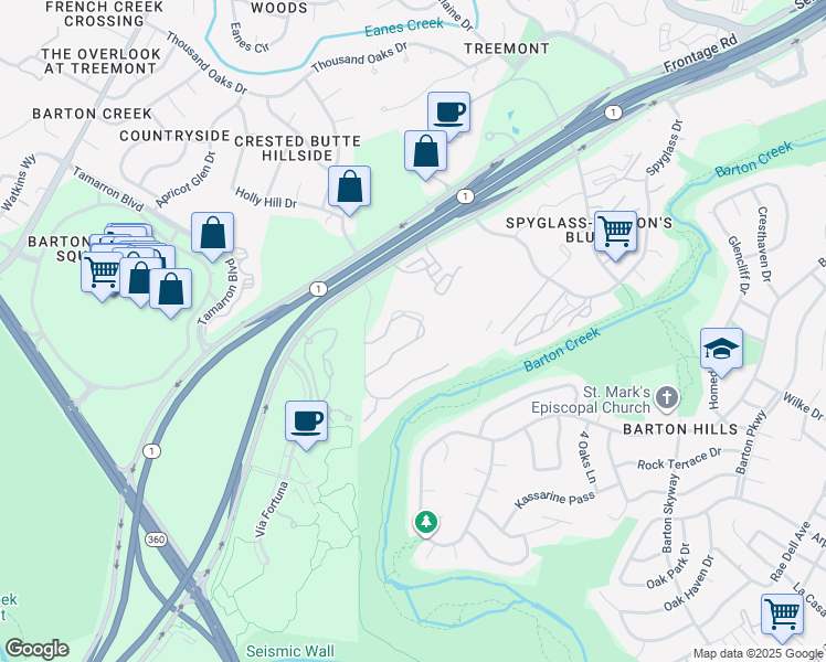 map of restaurants, bars, coffee shops, grocery stores, and more near 2800 Bartons Bluff Lane in Austin