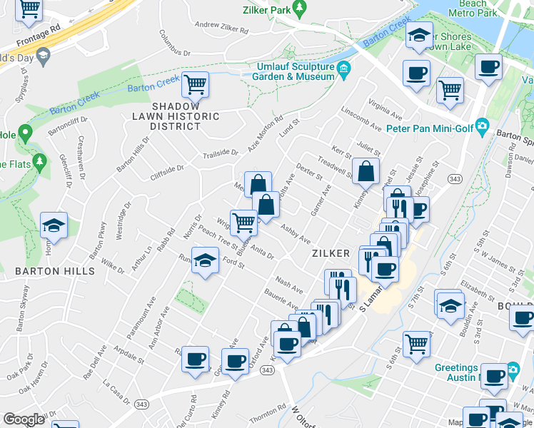 map of restaurants, bars, coffee shops, grocery stores, and more near 1406 Folts Avenue in Austin