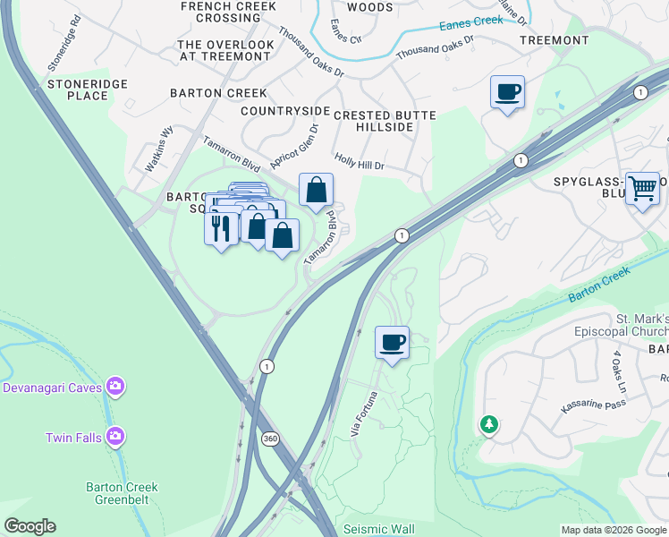 map of restaurants, bars, coffee shops, grocery stores, and more near 1800 South Interstate 35 Frontage Road in Austin
