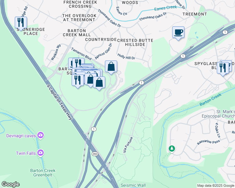map of restaurants, bars, coffee shops, grocery stores, and more near 1800 Frontage Road in Austin
