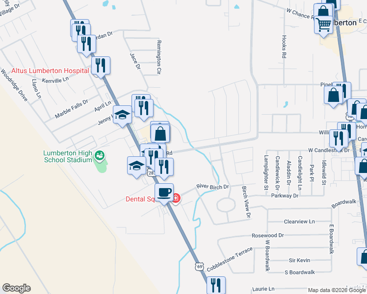 map of restaurants, bars, coffee shops, grocery stores, and more near 76 North Lhs Drive in Lumberton
