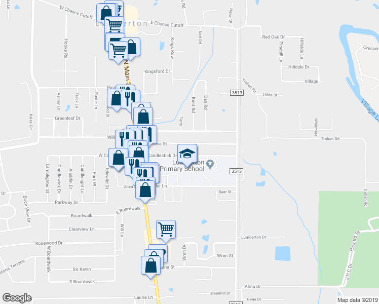 map of restaurants, bars, coffee shops, grocery stores, and more near 124 East Candlestick Drive in Lumberton