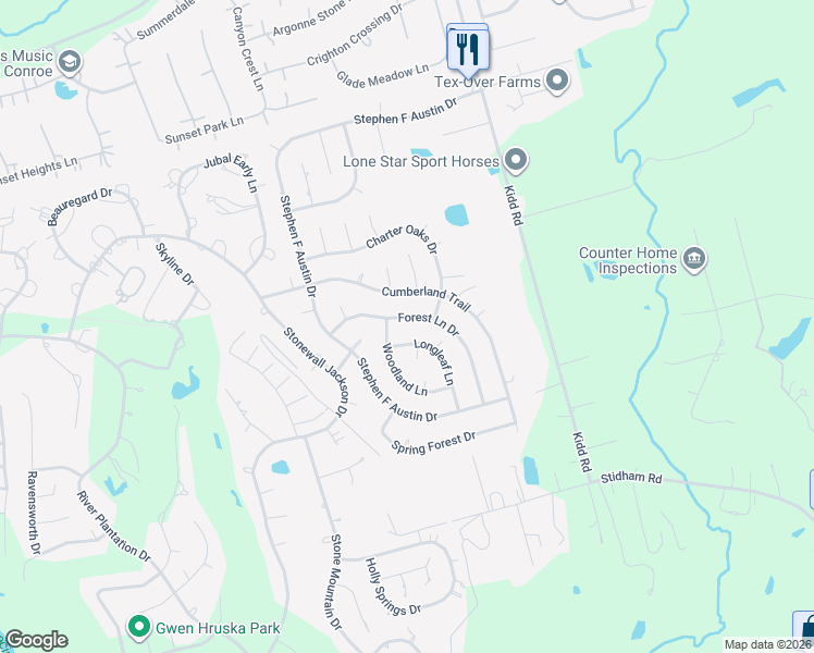 map of restaurants, bars, coffee shops, grocery stores, and more near 730 Forest Lane Drive in Conroe