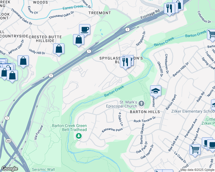 map of restaurants, bars, coffee shops, grocery stores, and more near 1731 Spyglass Drive in Austin