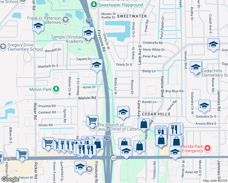map of restaurants, bars, coffee shops, grocery stores, and more near 4540 Biddy Lane West in Jacksonville