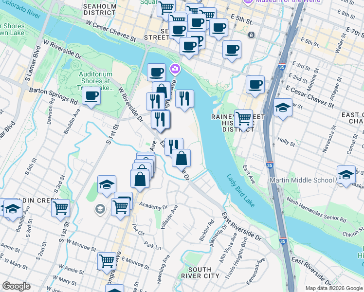 map of restaurants, bars, coffee shops, grocery stores, and more near 150 East Riverside Drive in Austin