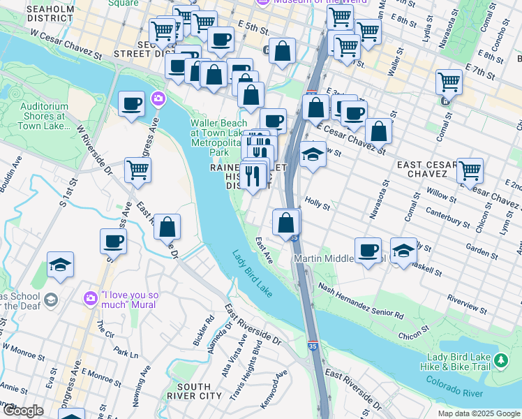 map of restaurants, bars, coffee shops, grocery stores, and more near 51 East Avenue in Austin