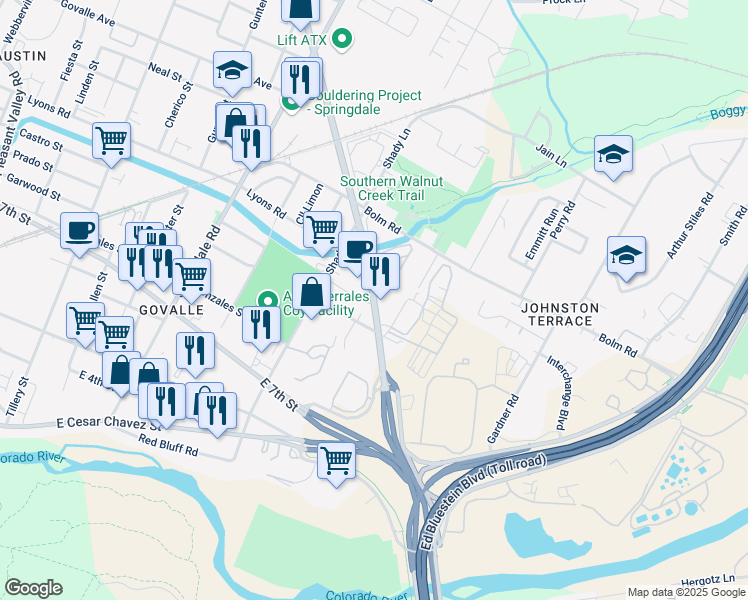map of restaurants, bars, coffee shops, grocery stores, and more near 823 Airport Boulevard in Austin