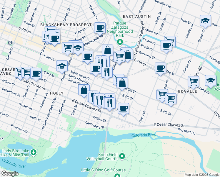 map of restaurants, bars, coffee shops, grocery stores, and more near 2618 East 4th Street in Austin