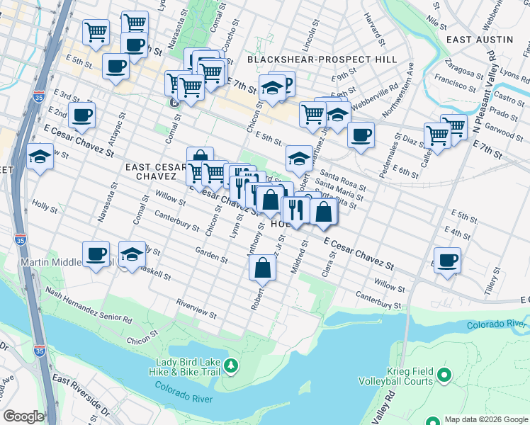 map of restaurants, bars, coffee shops, grocery stores, and more near 2036 East Cesar Chavez Street in Austin