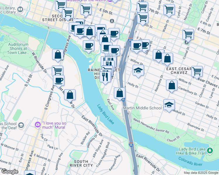 map of restaurants, bars, coffee shops, grocery stores, and more near 51 East Avenue in Austin