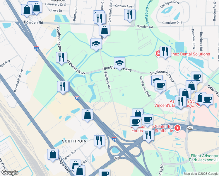 map of restaurants, bars, coffee shops, grocery stores, and more near 3918-3998 Salisbury Road in Jacksonville