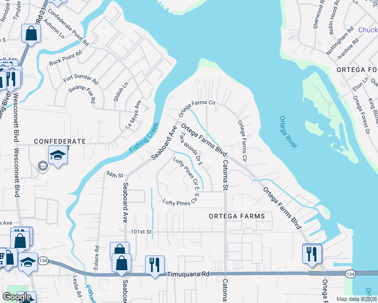 map of restaurants, bars, coffee shops, grocery stores, and more near 4660 Twelve Oaks Court in Jacksonville