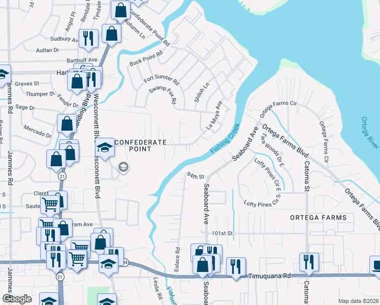 map of restaurants, bars, coffee shops, grocery stores, and more near 5588 La Moya Avenue in Jacksonville