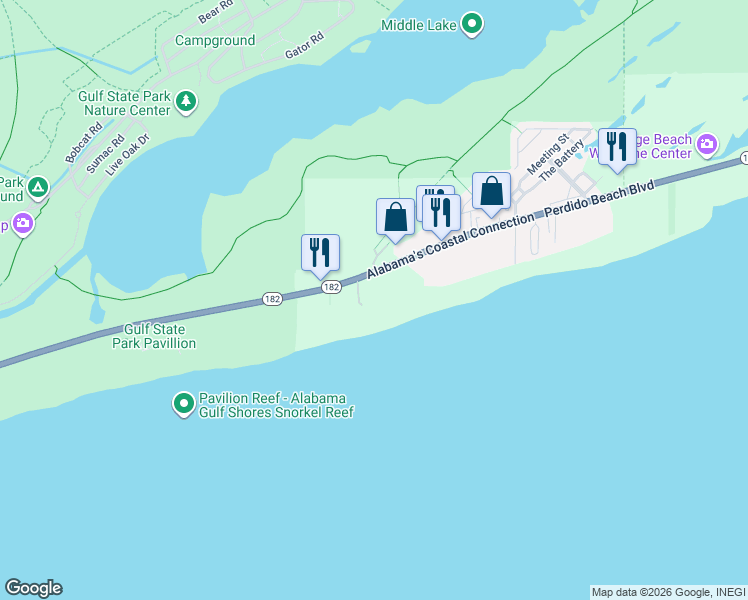 map of restaurants, bars, coffee shops, grocery stores, and more near 22862 Perdido Beach Boulevard in Orange Beach