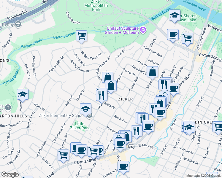 map of restaurants, bars, coffee shops, grocery stores, and more near 1500 Bluebonnet Lane in Austin