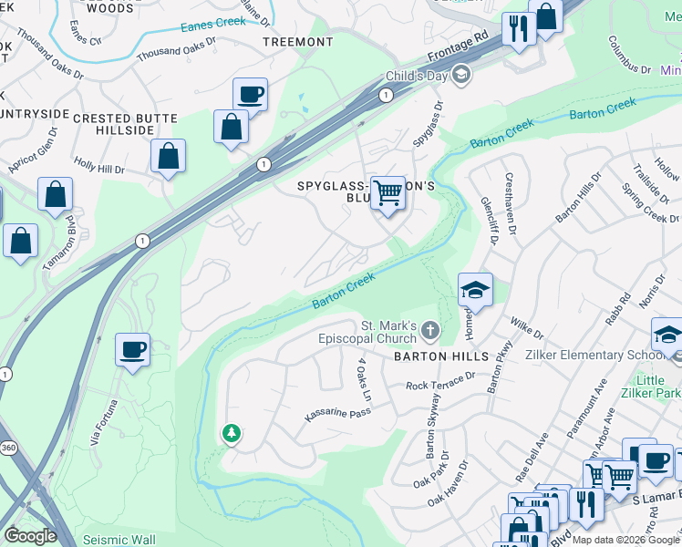 map of restaurants, bars, coffee shops, grocery stores, and more near 1701 Spyglass Drive in Austin