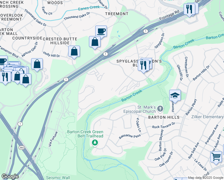 map of restaurants, bars, coffee shops, grocery stores, and more near 1781 Spyglass Drive in Austin