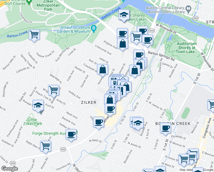 map of restaurants, bars, coffee shops, grocery stores, and more near 1100 Dexter Street in Austin