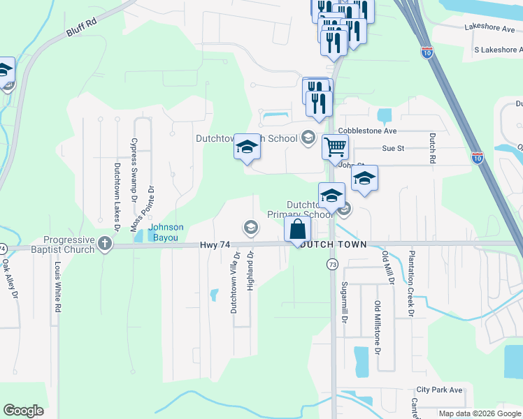 map of restaurants, bars, coffee shops, grocery stores, and more near 36396 Highway 74 in Geismar