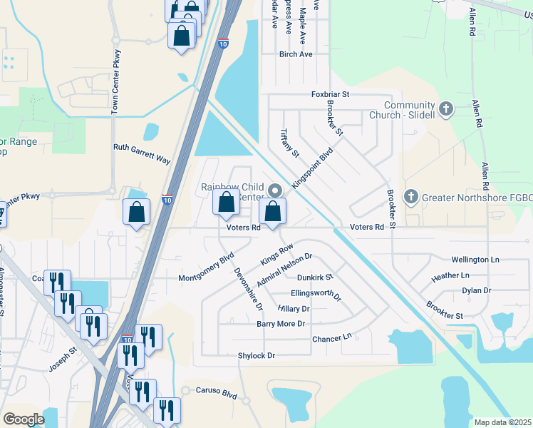 map of restaurants, bars, coffee shops, grocery stores, and more near 167 Kingspoint Boulevard in Slidell