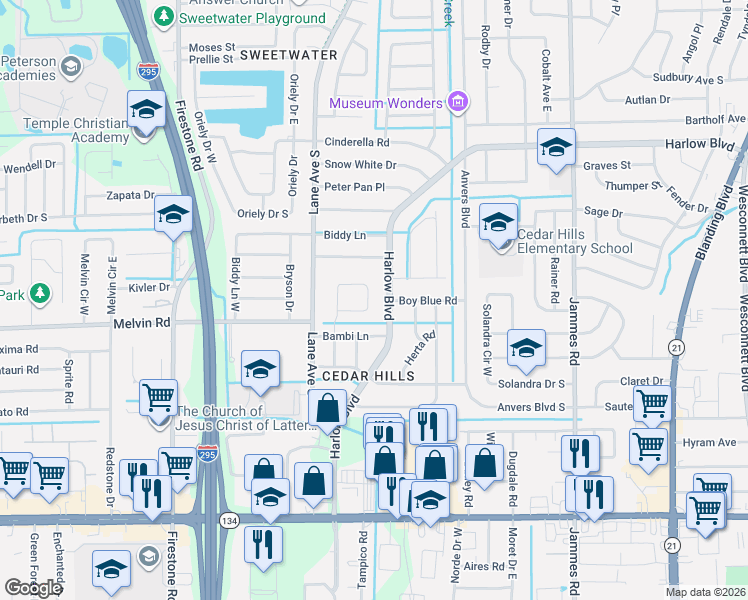 map of restaurants, bars, coffee shops, grocery stores, and more near 4521 Tango Lane North in Jacksonville