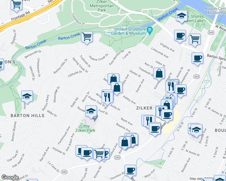 map of restaurants, bars, coffee shops, grocery stores, and more near 1500 Bluebonnet Lane in Austin