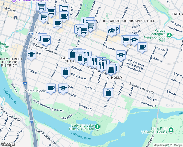 map of restaurants, bars, coffee shops, grocery stores, and more near 1810 Willow Street in Austin