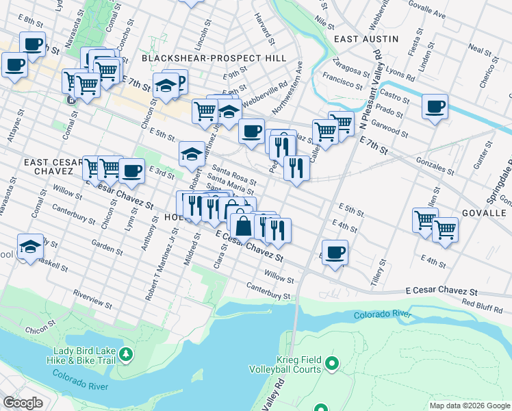 map of restaurants, bars, coffee shops, grocery stores, and more near 300 Pedernales Street in Austin