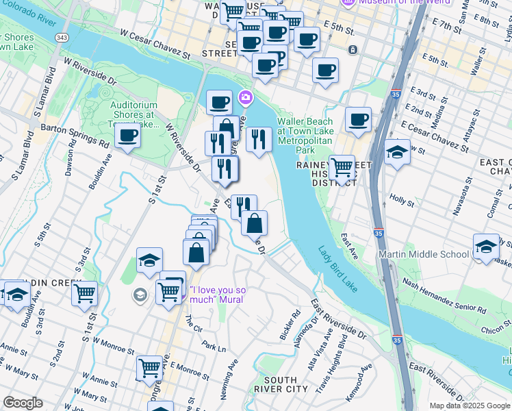 map of restaurants, bars, coffee shops, grocery stores, and more near 150 East Riverside Drive in Austin