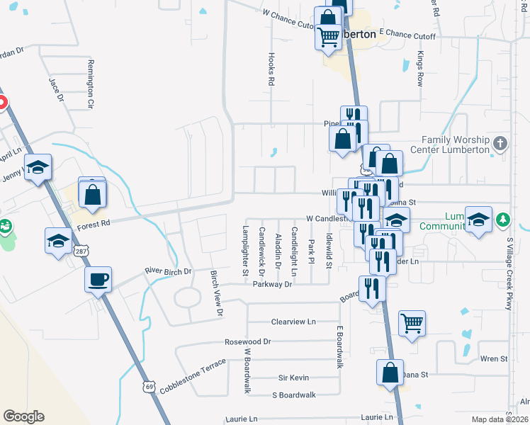 map of restaurants, bars, coffee shops, grocery stores, and more near 330 West Candlestick Drive in Lumberton