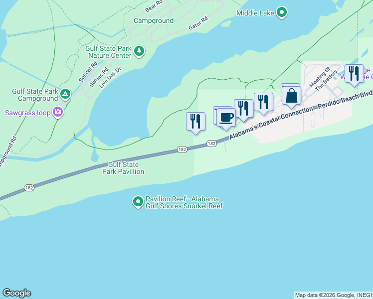 map of restaurants, bars, coffee shops, grocery stores, and more near 22994 Alabama's Coastal Connection in Gulf Shores