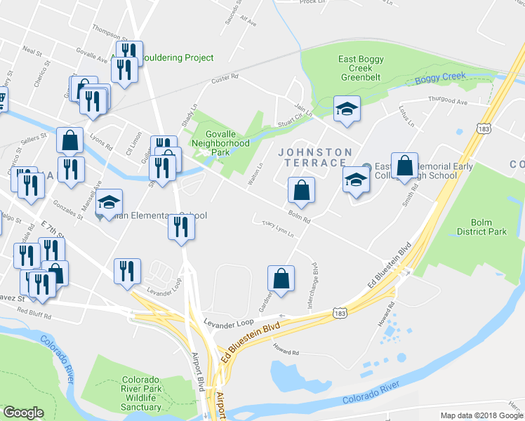 map of restaurants, bars, coffee shops, grocery stores, and more near 915 Bret Lane in Austin