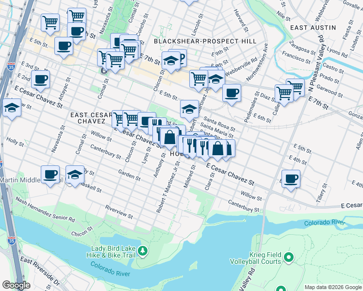 map of restaurants, bars, coffee shops, grocery stores, and more near 2109 East 2nd Street in Austin