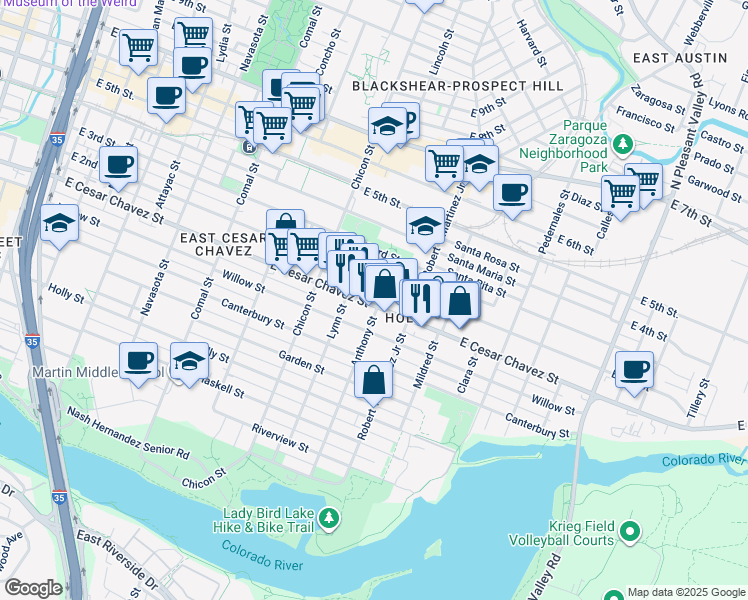 map of restaurants, bars, coffee shops, grocery stores, and more near 2036 East Cesar Chavez Street in Austin